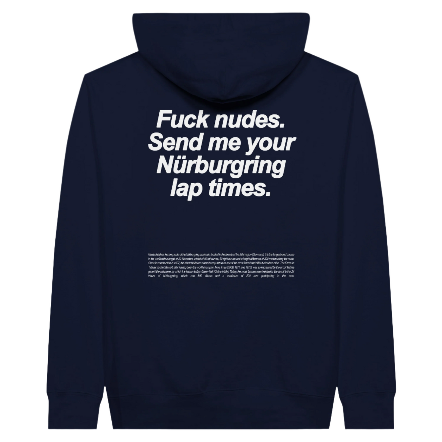Nürburgring Lap Times Hoodie for Racing Enthusiasts navy blue reverse