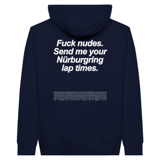 Nürburgring Lap Times Hoodie for Racing Enthusiasts navy blue reverse