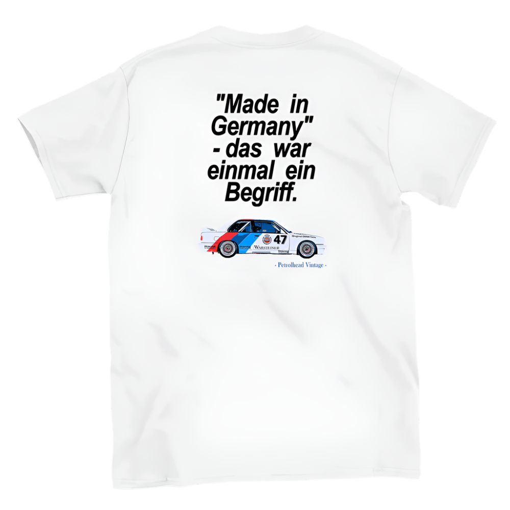 BMW M3 E30 DTM Classic Car T-Shirt - 'Made in Germany' Vintage Racing Tee white back