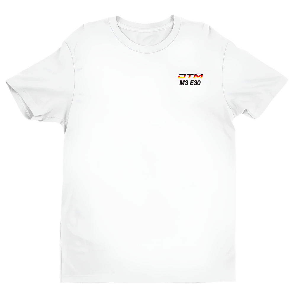 BMW M3 E30 DTM Classic Car T-Shirt - 'Made in Germany' Vintage Racing Tee white front