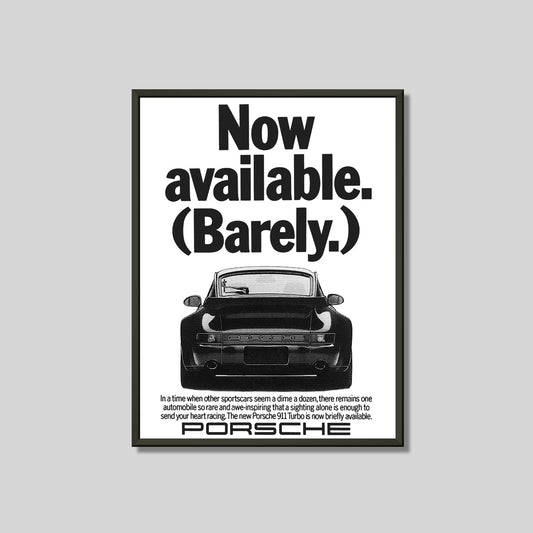 Porsche 911 964 Turbo ad Poster – 'Now Available. (Barely.)' Framed