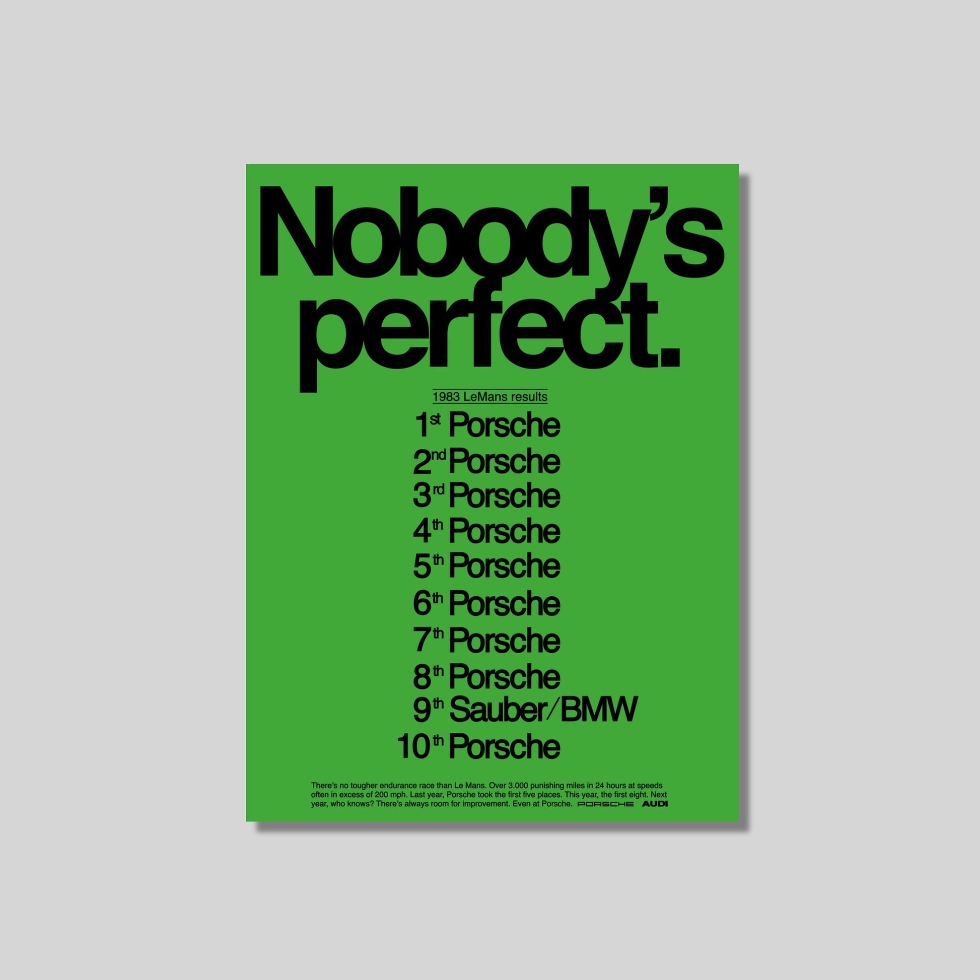 Nobody's perfect green. Porsche poster. 