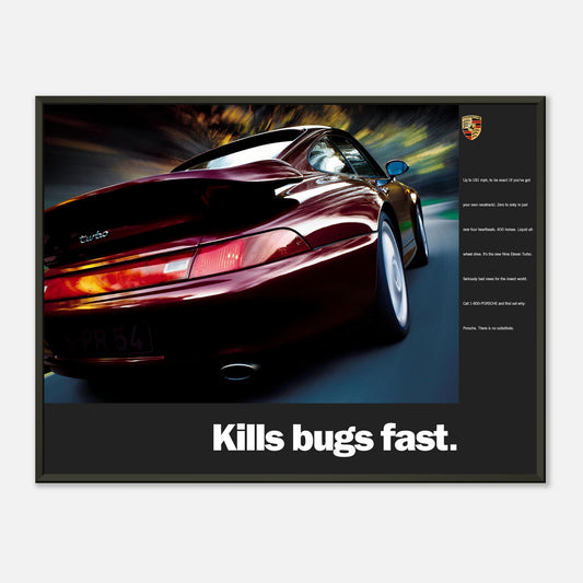Porsche 911 (993) Turbo Poster: "Kills Bugs Fast". Framed