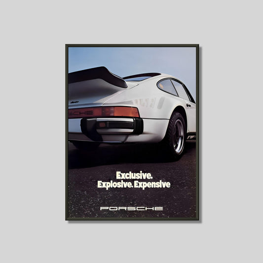 Porsche 911 (930) Turbo Poster "Exclusive. Explosive. Expensive." Framed