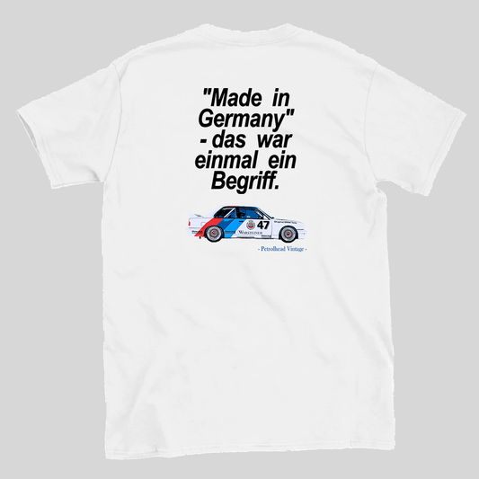 BMW M3 E30 DTM Classic Car T-Shirt - 'Made in Germany' Vintage Racing Tee white back 