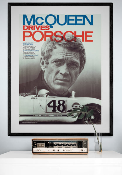 McQueen drives Porsche 1970 poster framed with radio